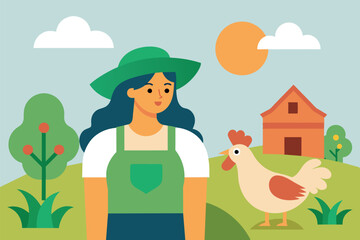 Obraz premium A farmer holding a chicken. The scene takes place on a street surrounded by trees, with a house in the background and the sun in the sky. the theme is farming, bird care or rural life.