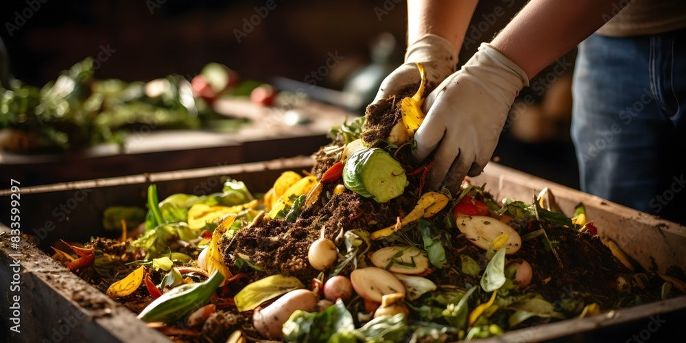 Poster managing kitchen scraps for composting in a bin. concept composting bin setup, organic waste collect