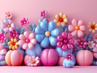 3D Fantasy bright flowers balloon flowers on pink background.