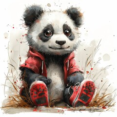 A graphic cartoon illustration in watercolor style of a happy little panda wearing red shoes and an...