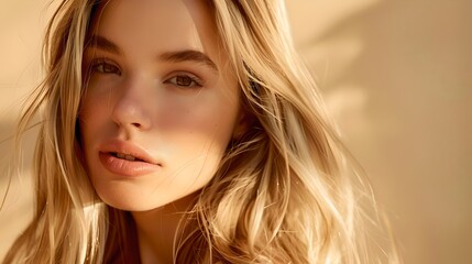 Naklejka premium A blonde woman with soft makeup and long hair. Close-up portrait with natural sunlight. The photo is perfect for beauty, fashion, and lifestyle purposes. AI