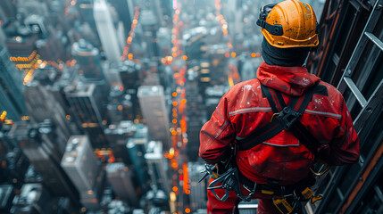 A man in workwear with a red jumpsuit, helmet, and engineering tools stands on a ladder in a building amidst the city's steel and metal structures.