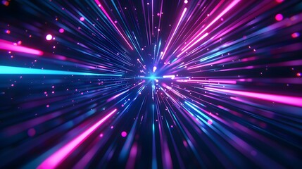Vibrant neon light rays background, glowing blue and purple lines in space tunnel