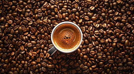Naklejka premium Cup of coffee standing on roasted coffee beans. Captures the essence and aroma of coffee. Ideal for stock photos and digital art. AI