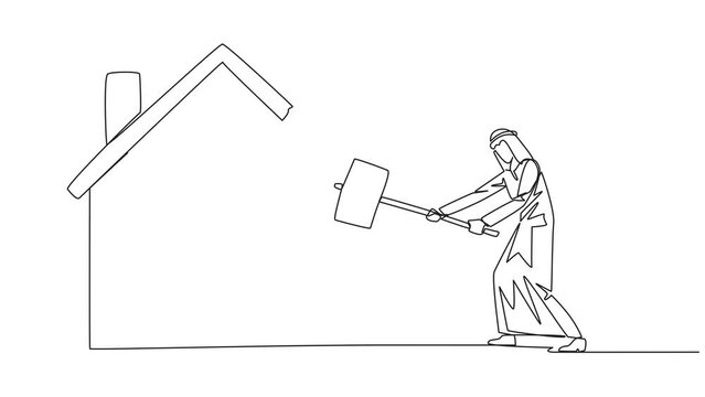 Animated self drawing of single one line drawing Arabian businessman preparing to hit miniature house. Metaphor of house as collateral for payment. Bankrupt. Full length single line animation
