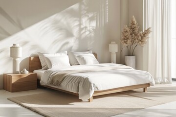 Aesthetic Interior Bedroom Bed Mock Up Shadow on the Wall