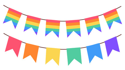 Rainbow festive flags, bunting garland, vector illustration, isolated on white
