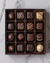 Box with chocolate candies on table