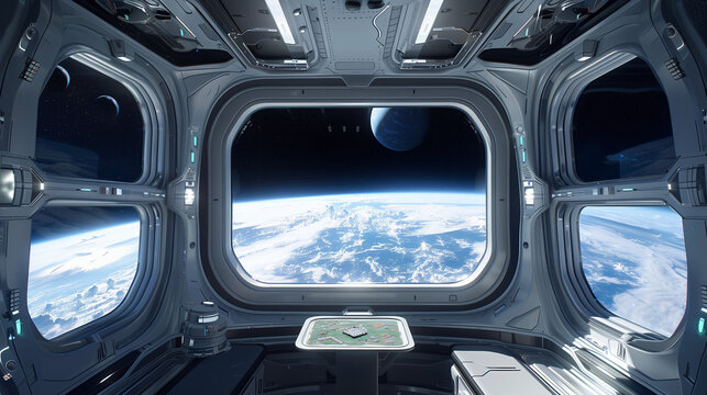 spaceship window with sunrise over planet view, space station porthole illuminator with planetary sunset view, astronomy background concept