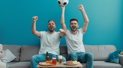 The friends cheering soccer match