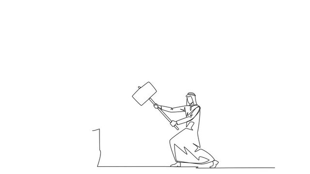 Self drawing animation of single continuous line drawing Arab businessman preparing to hit big swinging pendulum. Metaphor eliminate business. Number one to be a business keeper. Full length animated