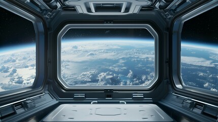 spaceship window with sunrise over planet view, space station porthole illuminator with planetary sunset view, astronomy background concept