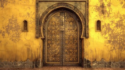 Ornate golden door with intricate carvings in a yellow wall.