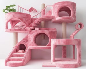 Pink Fur Cat Condo with Multiple Levels