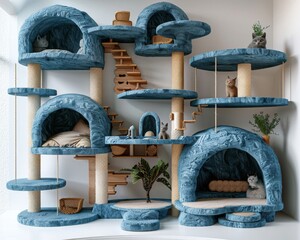 Blue Fur Cat Condo with Multiple Levels