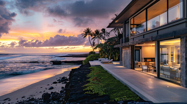 villa luxueuse au bord de mer &agrave; la lumi&egrave;re tropicale du soir