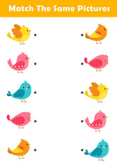 Picture Matching Worksheet for Preschool. Educational activity with cute bird illustration. Educational fun game for children.