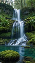 Obraz premium Majestic Forest Waterfall Oasis - A Serene Nature Landscape Capturing the Tranquil Beauty of a Cascading Waterfall into a Clear Blue Pool Surrounded by Lush Greenery and Moss-Covered Rocks