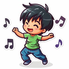 A cartoon character design of a black haired boy is singing a song while walking, surrounded with many colorful music notes isolated on white background.
