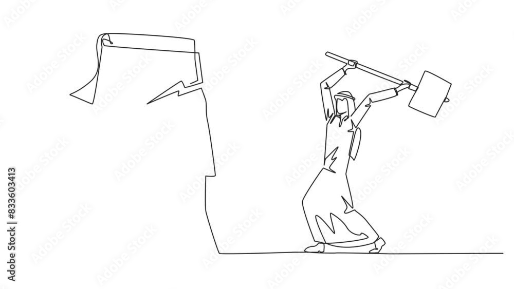 Poster self drawing animation of continuous one line drawing arab businessman preparing to hit big flip cha