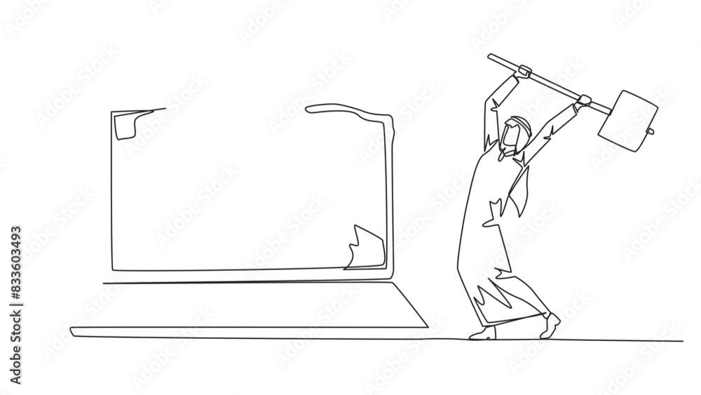 Aufkleber animated self drawing of single line drawing arab businessman preparing to hit laptop. rampage. dest