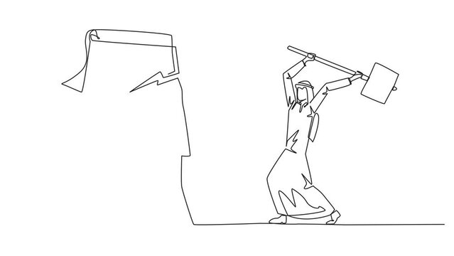 Self drawing animation of continuous one line drawing Arab businessman preparing to hit big flip chart. Rampage. Destroy business reports that are not as desired. Anger exploded. Full length animated