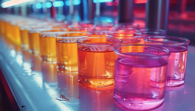 Petri dishes with different media concept of biochemical experiments selective focus, theme of innovation, surreal, overlay modern lab