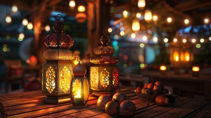 Frontal view of ornate, Arabic lanterns with intricate patterns, warm glowing candles inside, rich date fruits placed on an elegant wooden table, photorealistic, night ambiance