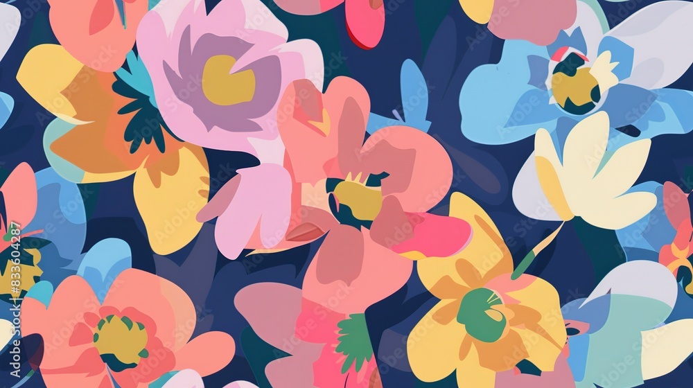Poster painted blooms flat design front view artistic theme animation vivid . seamless pattern, fabric patt