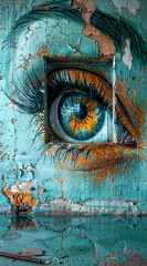 Realistic eye painted on old wall with peeling paint