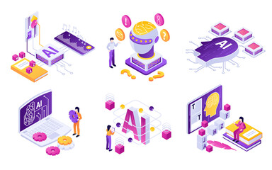 AI artificial intelligence isometric mini compositions set