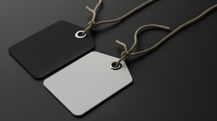 Fototapeta premium Blank black and white badges mockup with rope on black background