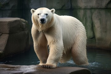 Captivating image of a wet polar bear pausing near the edge of a pool