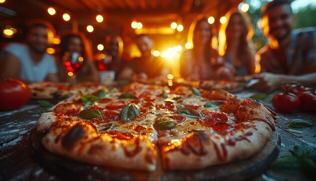 A group of friends enjoying pizza at an outdoor evening gathering with warm lighting and a scenic background, capturing the joy of togetherness.