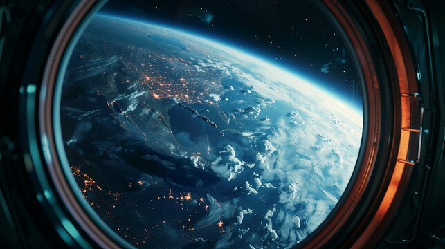 spaceship window with sunrise over planet view, space station porthole illuminator with planetary sunset view, astronomy background concept