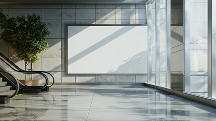 Blank horizontal poster in modern public space with escalator