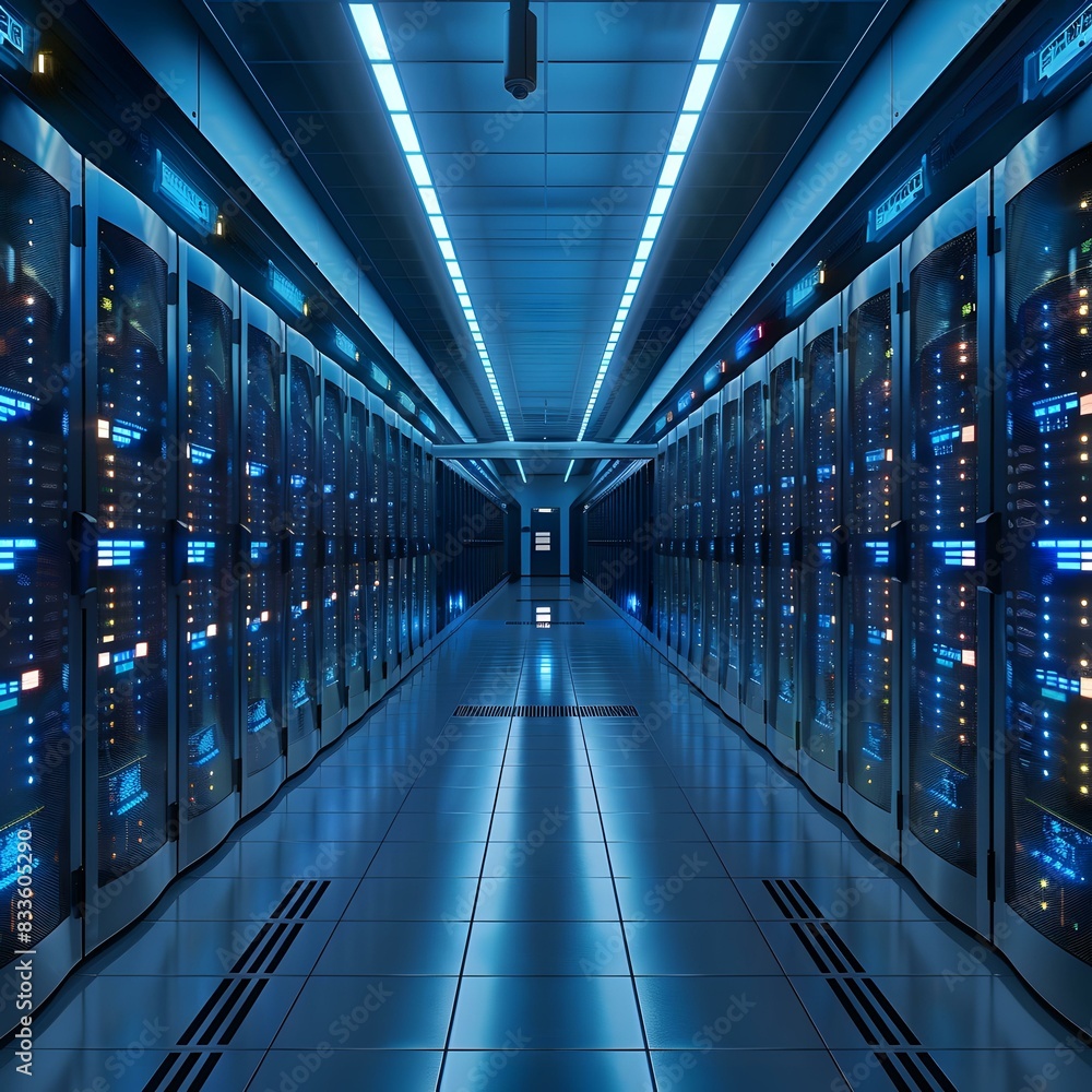 Poster server room with rows of racks of servers