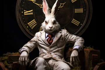Stylized rabbit-headed person in a suit poses before an antique clock, conveying a fantasy concept © juliars