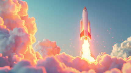 space rocket taking off, business startup launching concept, new beginning and success, discovery and exploration