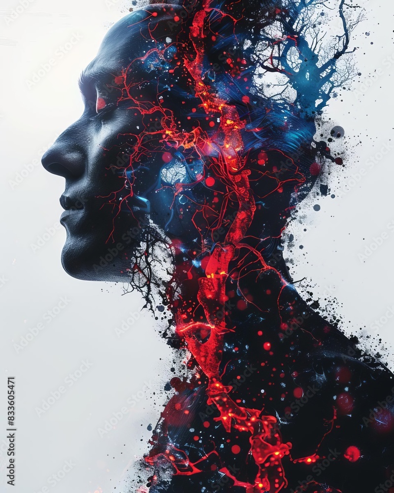 Poster abstract profile of a human face merging with a digital neural network, showcasing interconnectednes