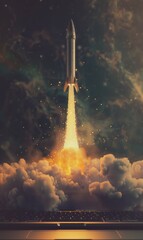 space rocket taking off from laptop, business startup launching concept, new beginning and success