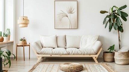 canapé et coussin blanc, tableau d'art sur le mur blanc, ambiance calme et confortable, ia générative