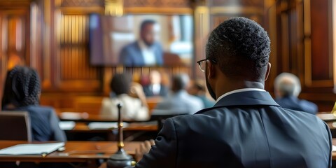 Online court hearing with judge lawyers and participants connecting remotely. Concept Remote Court Hearing, Virtual Proceedings, Legal Technology, Online Justice, Virtual Legal System