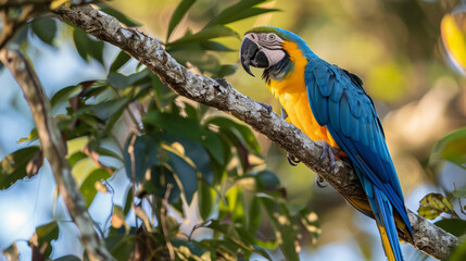 Beautiful blue and yellow macaw perched on a tree branch