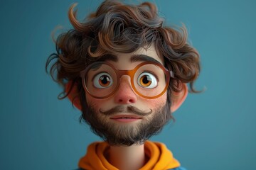 A highly stylized 3D illustration of a male character with oversized, expressive eyes, curly hair, and glasses