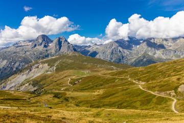 Obraz premium Chamonix Montblanc beautiful alpine mountain summits landscape. Alps mountains with snow and glacier above green valley of Chamonix in France. Alps beautiful scenery in summer