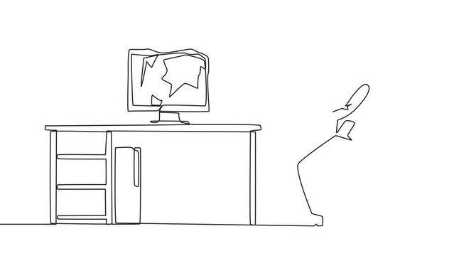 Self drawing animation of single one line drawing Arab businessman preparing to hit computer monitor on the desk. Stocks that don't rise. Didn't get any profit. Anger escalated. Full length animated