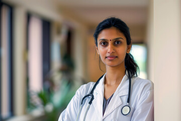 A young female doctor with a stethoscope stands confidently in the hospital corridor, looking at the camera, medical photography 