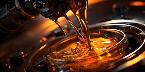 Understanding the Fluid Dynamics and Mechanics of Oil Pouring into an Engine: Realistic Illustration. Concept Engine Mechanics, Fluid Dynamics, Oil Pouring, Illustration, Realistic Interpretation