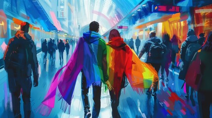 Lovers walking hand in hand in a train station, rainbowcolored scarves, seen from behind, trains and bustling crowds, lively and dynamic station scene